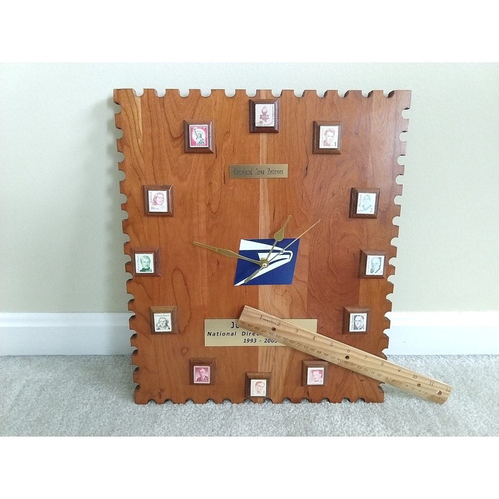 Handmade Wood USPS Post Office Wall Clock Postage Stamp Art Retirement Gift